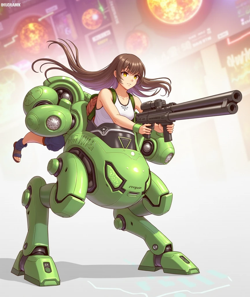 girl ridding a green robot with a gun, (hair swept bangs:1.3), (long brown hair:1.3), seapunk mecha, mecha, yellow eyes, weapon, gun, 1 humans, robot, mecha, anime style, from girls frontline, fine details. girls frontline, girls frontline universe, girls frontline style, girls frontline, girls frontline cg, soft anime illustration, 2 0 2 2 anime style, 2022 anime style, pixiv contest winner, pretty anime character design, render of april