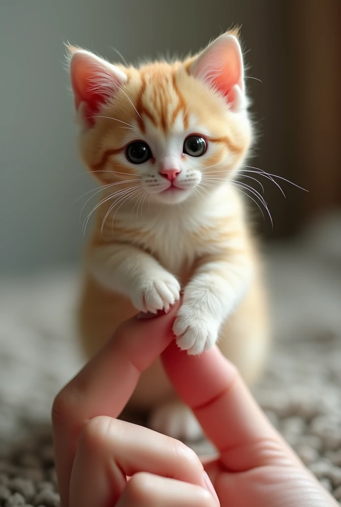 Realistic, hair, Tiny  fat [Ragdoll cat] Perched on top of a perfect sexy human finger