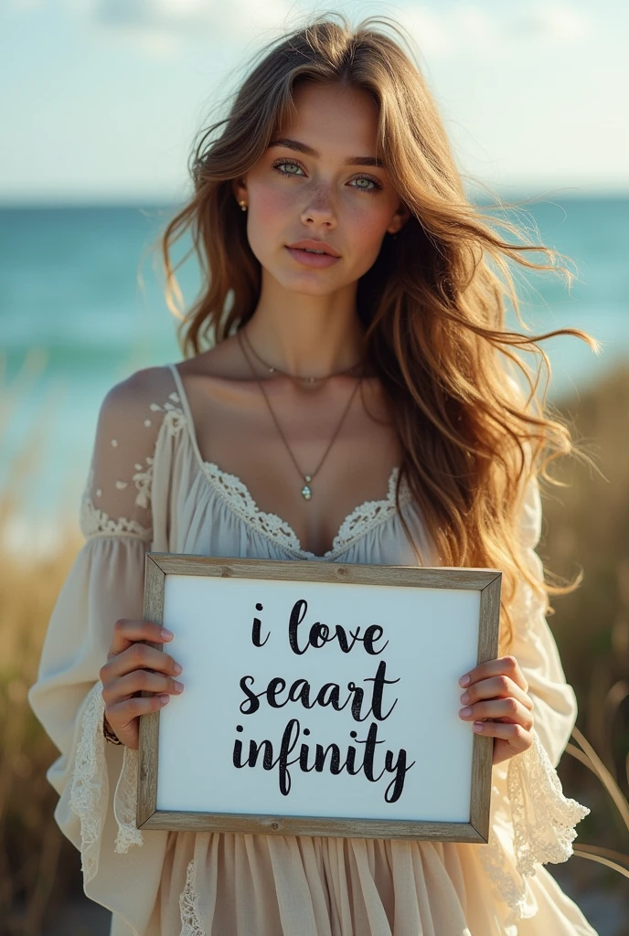 Beautiful girl with wavy long hair, bohemian dress, holding a white board with text "I Love Seaart Infinity" and showing it to the viewer