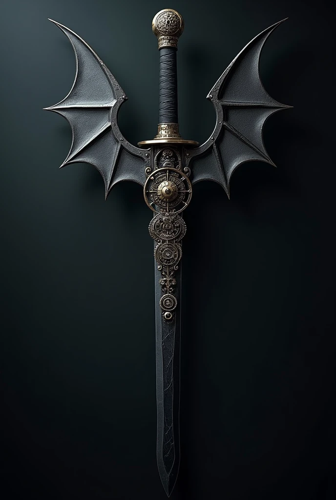 A black katana decorated with gears and a black demon wing on one side.