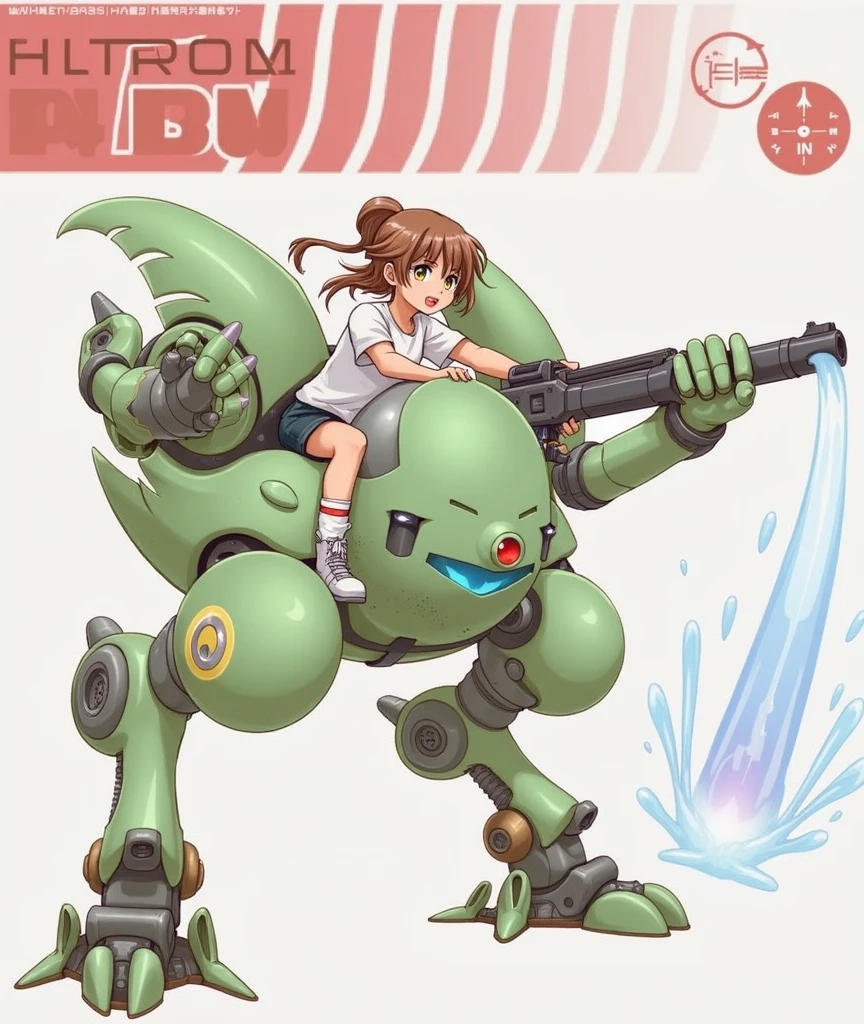  girl ridding a green robot with a gun, (hair swept bangs:1.3), (long brown hair:1.3), seapunk mecha, mecha, yellow eyes, weapon, gun, 1 humans, robot, mecha, anime style, from girls frontline, fine details. girls frontline, girls frontline universe, girls frontline style, girls frontline, girls frontline cg, soft anime illustration, 2 0 2 2 anime style, 2022 anime style, pixiv contest winner, pretty anime character design, render of april