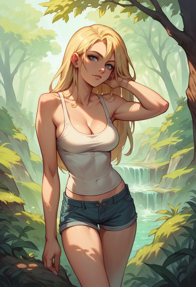 clemens ascher,1girl, blonde hair, blue eyes, breasts, cleavage, long hair, looking at viewer, medium breasts, nature, outdoors, short shorts, shorts, solo, tank top