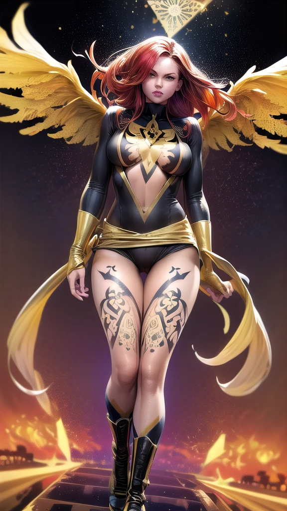 1girl, solo, Jean Grey of X-men, high leg cut out unitard of black and gold, boob window in unitard, ((thighs showing)), ((calf-high boots)), (color mandala tattoos on thighs:1.37), wings on hips, floating in space, arms out in power pose, contrapposto stance, dramatically colorful cosmic background, moody lighting, 16k, best quality, masterpiece, (wide angle:1.27), full length portrait