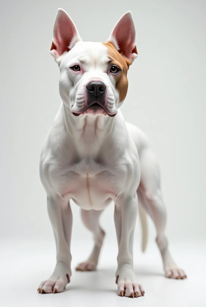 Generates an image of a well-patterned white pitbull dog with brown cropped ears


