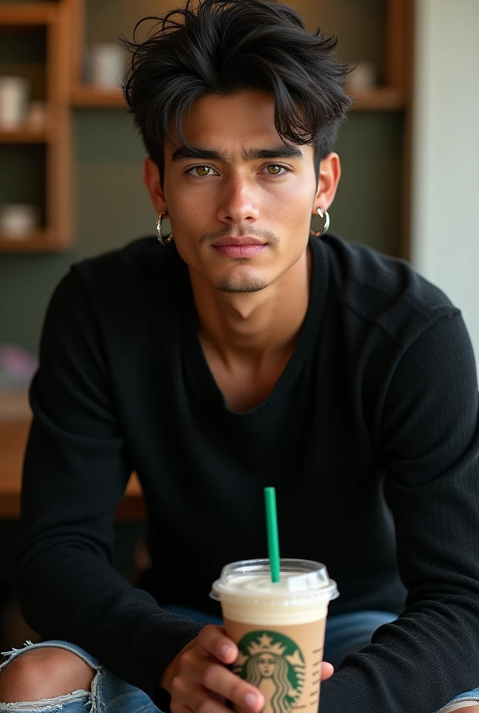 (photorealism:1.2), (8k) (detailed) (Whole body) facial features: Square face with a marked jaw, prominent cheekbones and thick, dark eyebrows. Adds youthfulness to your appearance.hair: hair oscuro, usually combed back or styled slightly tousled, which can vary between short and medium.eyes: eyes verdes oscuros, with a penetrating look that expresses confidence, with cross-shaped hoops on each side.Complexion: slim and well defined. Height 1.80, which gives it an imposing presence.style: Your style of dress: chompa negra, ripped jean pants.Skin tone: Skin tone bronceado, typical of the Mediterranean.Expression: He usually has a serious or concentrated expression., Although he can display a charming and confident smile.(sitting with a Starbucks).