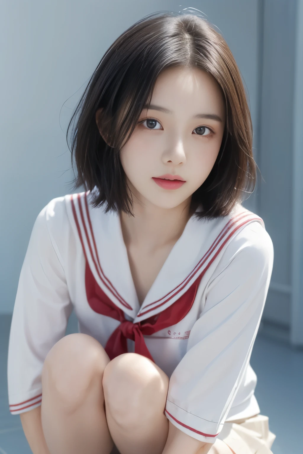 Highest quality,masterpiece,Ultra-high resolution,(Realistic:1.4),(cry)、Cute Girl、Highly detailed face、Attention to detail、double eyelid、Beautiful thin nose、Sharp focus:1.2、beauty:1.4、(short hair)、Pure white skin、(Realistic:1.4)、Highly detailed and professional lighting、blush、((squat))、Glimmering skin、Tight Skirt、Super cute face、Student sailor suit、16Year-old girl、Red ribbon