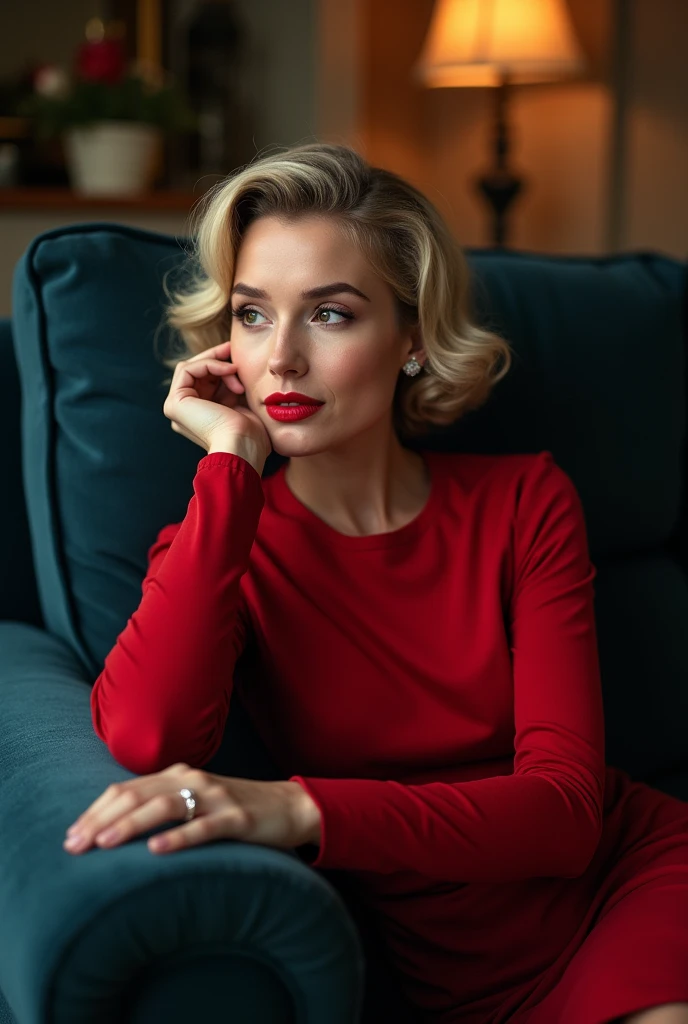 A 36 year-old plain looking Iowa woman. girl next door looks. kind face. short paige blonde layered hair. side parted. darker roots. brown eyes. 1950s style makeup. red lips. ecclectic large house in Des Moines. winter night. Wearing red festive formal dress with long sleeves. pantyhose. black heeled pump shoes. sitting sideways in large dark blue plush loveseat. Engagement ring on finger. Eye contact. tears in eyes. crying and happy. Loving smile..