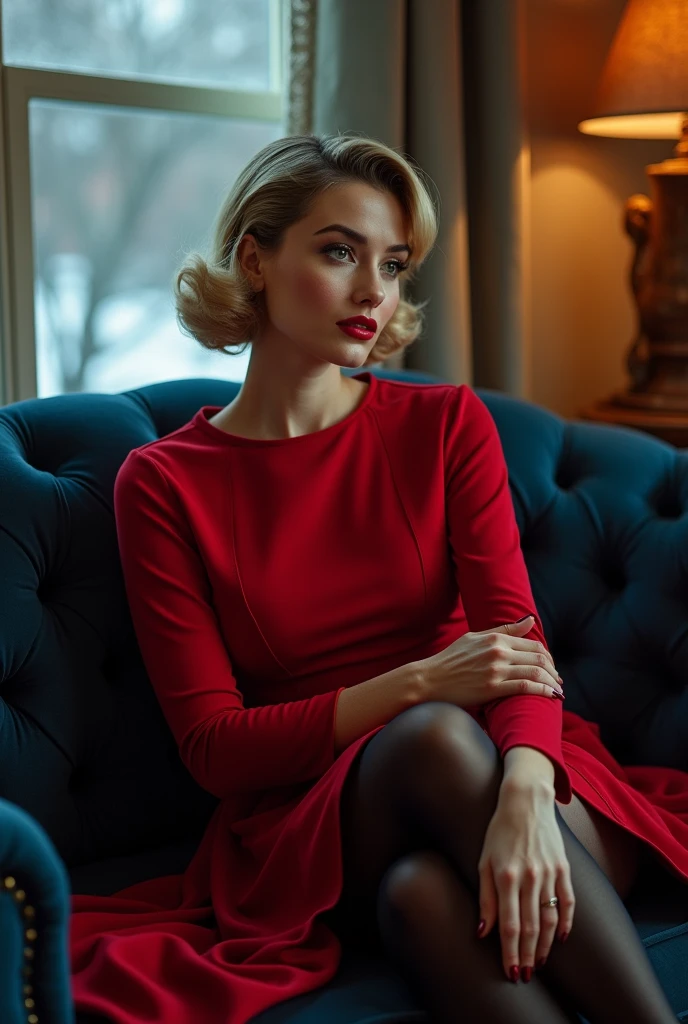 A 36 year-old plain looking Iowa woman. girl next door looks. kind face. short paige blonde layered hair. side parted. darker roots. brown eyes. 1950s style makeup. red lips. ecclectic large house in Des Moines. winter night. Wearing red festive formal dress with long sleeves. pantyhose. black heeled pump shoes. sitting sideways in large dark blue plush loveseat. Engagement ring on finger. Eye contact. tears in eyes. crying and happy. Loving smile..