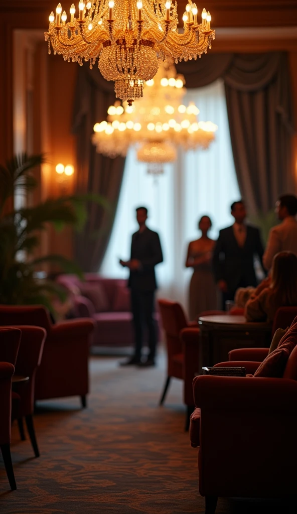 Lounge in a luxury hotel. To use it as a background image, the people feel like they are on the other side, their faces not facing forward. There is a gorgeous chandelier and it looks elegant.