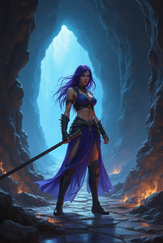 (photorealism:1.2), beautiful woman, hardened stare, martial stance, on a cave opening in the underdark, wearing light armor fit for a martial unarmed fighter, amethyst hair, in the underdark, strange glow lighting, enormous cave in background, dangerous trail road in second plane, fighter pose, realistic, intricate details, dark colors