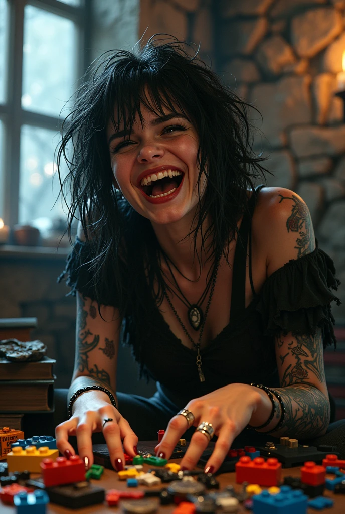 Create a crazy-looking gothic ager laughing out loud playing with LEGO. She must be disheveled.