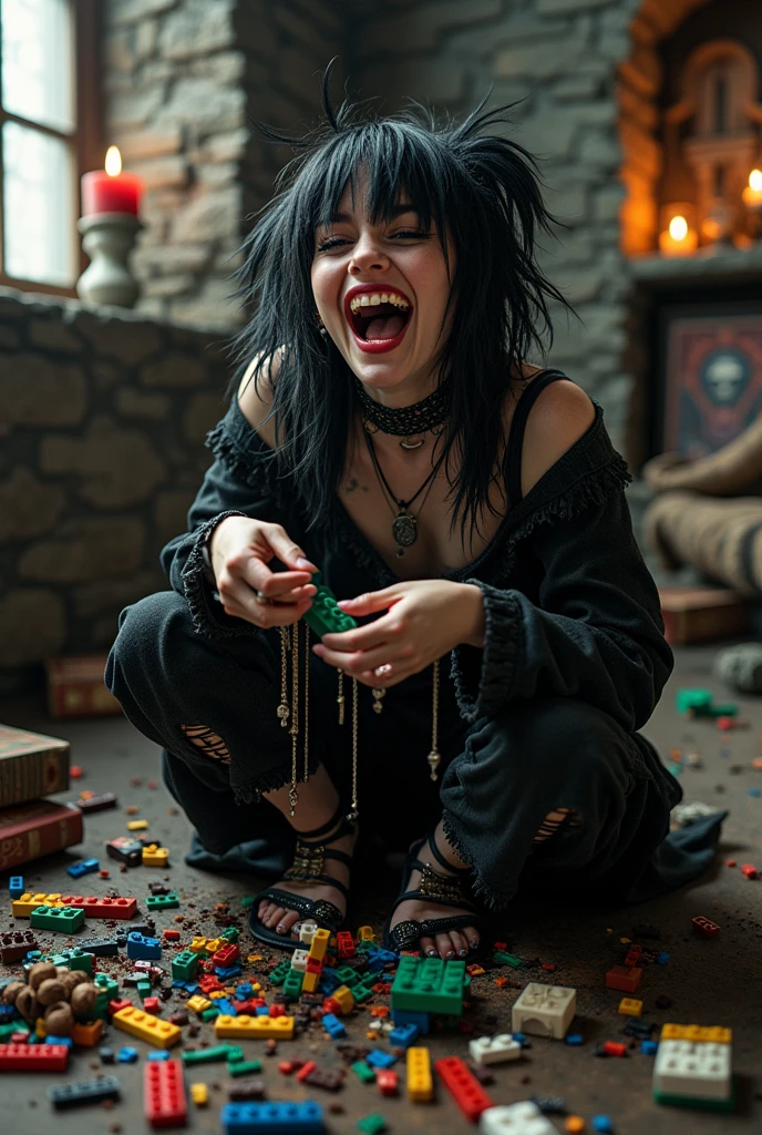 Create a crazy-looking gothic teenager laughing out loud playing with LEGO. She must be disheveled. 