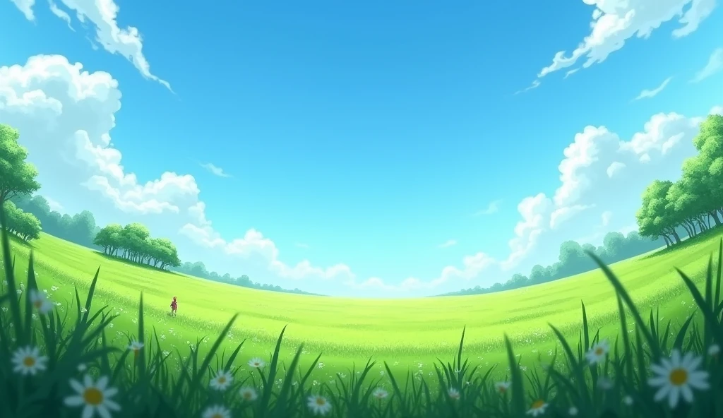 Meadow, minimal trees , clear blue sky, inverted fish eye effect, very small guy at bottom left side