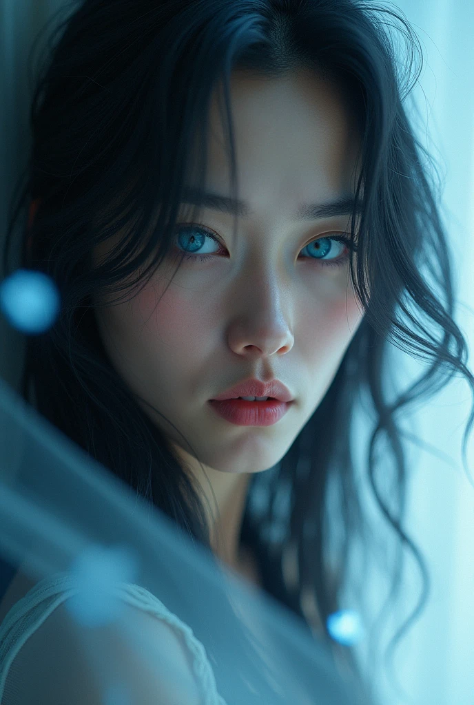 Asian man, blue colored eyes, long hair,perfect lighting