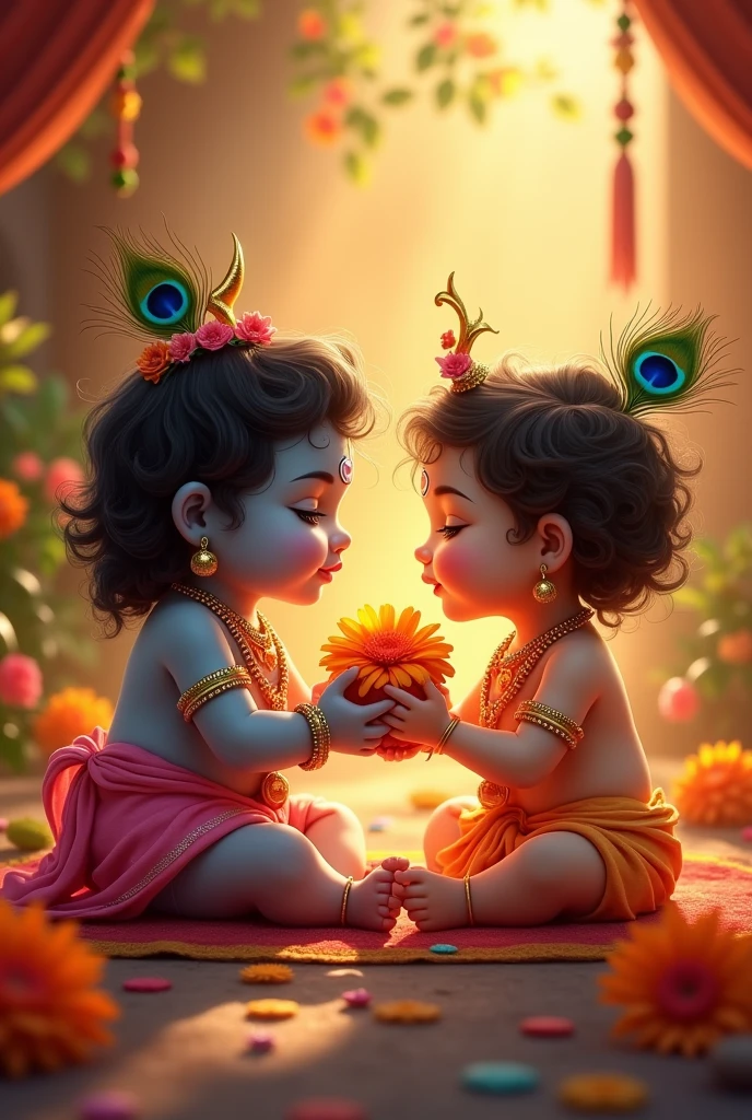 Generate an image for Janmashtami celebration the image should contain baby lord Shiva giving she cans to baby lord Sri Krishna on his birthday. There should be traditional decorations around them and there should be have glow over their faces. It should have enough creativity and give a pleasant feel to the viewers. There should be a piece of crescent moon on the head of baby Shiva and a peacock feather on the head of baby Krishna. The crescent of the moon should be visible on the head of lord Shiva which indicates that he is lord Shiva. Make the crescent more beautiful and authentic