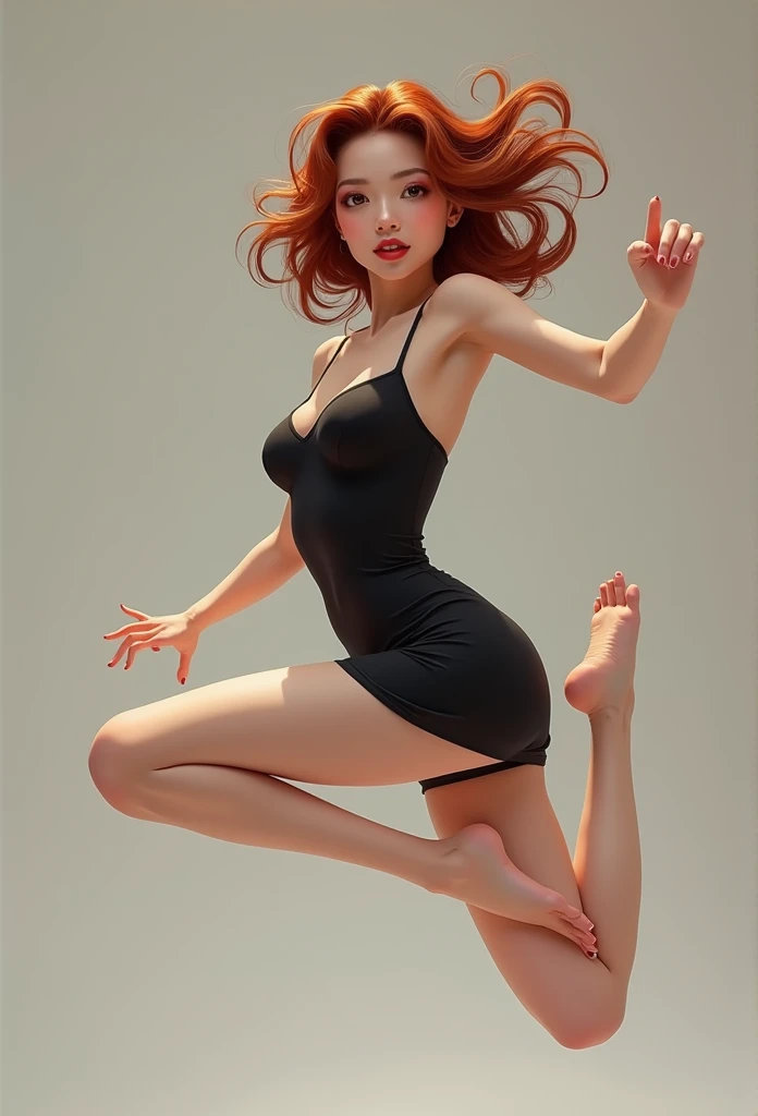 Reddish brown hair, Brown eyes, beautiful, whole body, Small breasts, Leg spread, behind, Black short dress, High Jump, Red lipstick、Japanese
