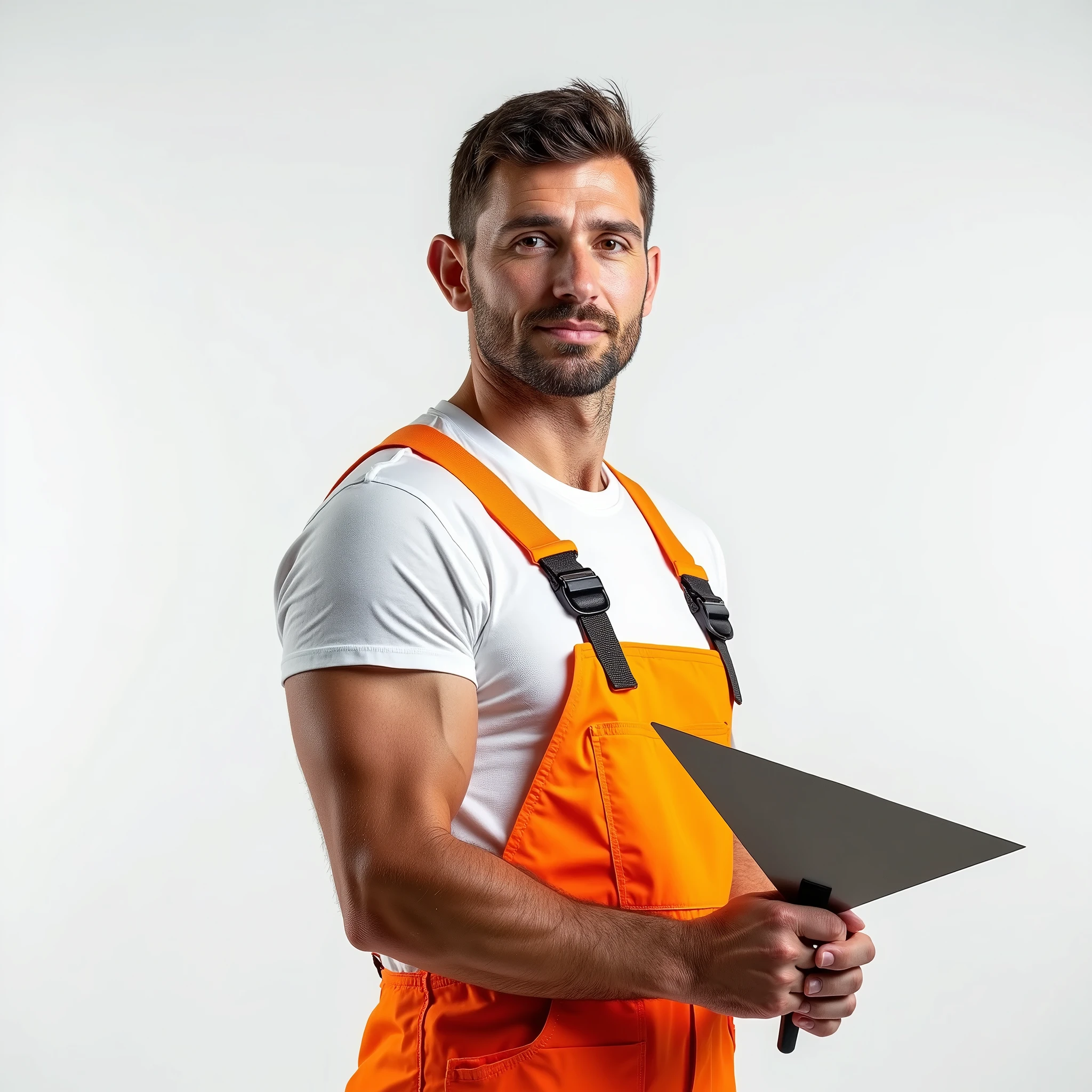 A man in a white T-shirt and orange construction overalls, holds a triangular construction spatula in his hand, Studio Photography, studio lighting, realistic skin texture and detail, the man stands slightly sideways, background white uniform