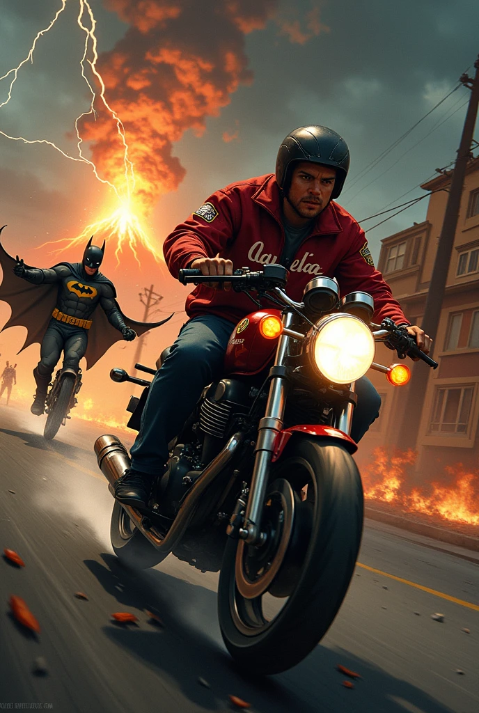 A man with a Suzuki motorcycle with the red jacket saying Lainez while driving on a street in hell and fire from a volcano in a thunderstorm from behind while Michael Jackson chases him and Batman drives. Mia Khalifa and Alexis Tesan eat tacos with their feet