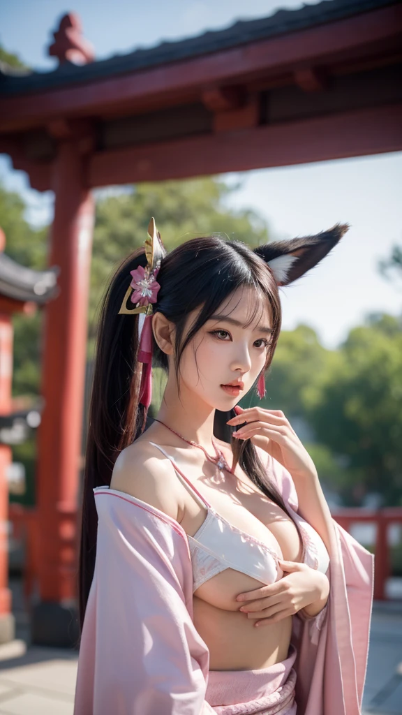 an oriental girl,Pink double ponytail long hair,Fox ears,bell headdress,Big breasts,Wearing Japanese Kimono,Chest bell jewelry,little foot bell jewelry,in front of buddhist temple,runner,4K