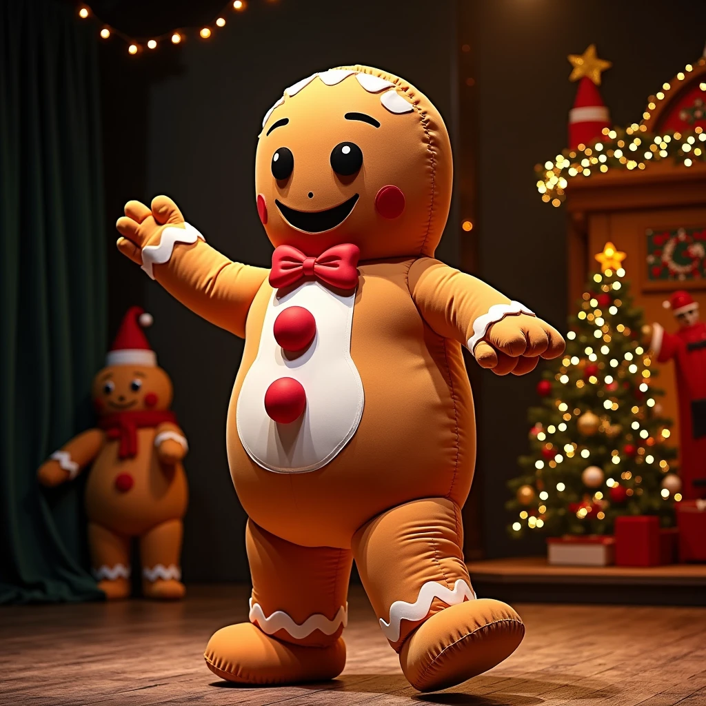 an actor with Inflatable gingerbread man  custome  on a Christmas Show Stage, (Practical, RAW photos, Super Fine), Practical Light