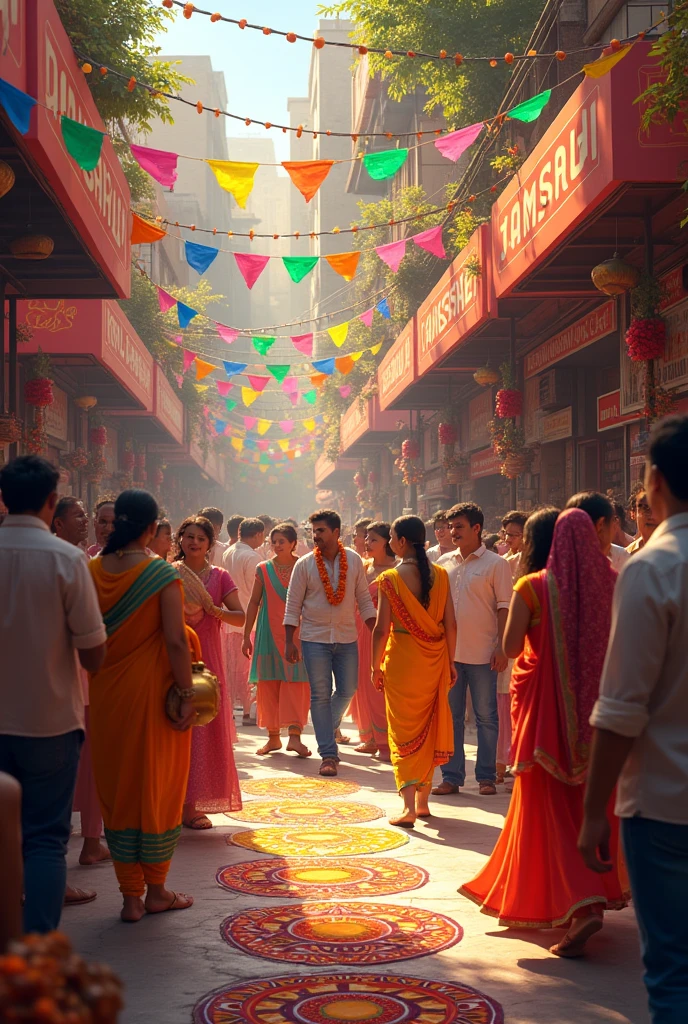 Make one shop name is Desire, In its spring people are celebrating the Indian festival Janmashtami, Happy Janmashtami should be written above the shop