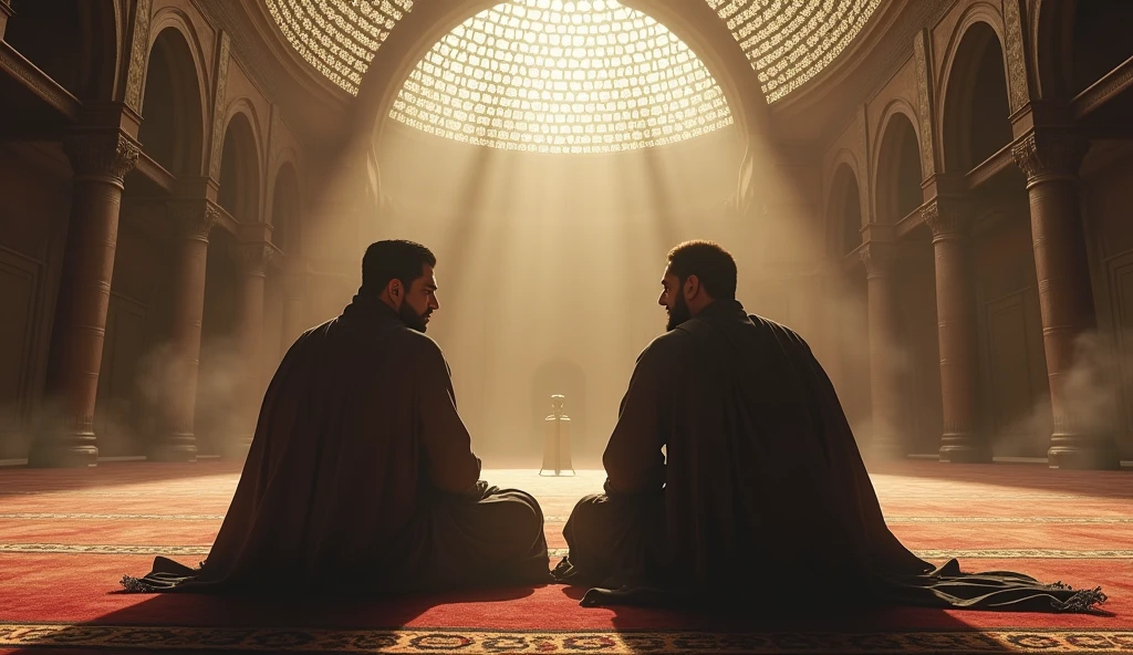 **Scene 13: The victory of Hasan and Ustaz Malik**
- The black shadow slowly disappeared., leaving the dome of the mosque calm again. Hasan and Ustaz Malik looked exhausted but triumphant. They sat on the floor, feel the incredible peace.
