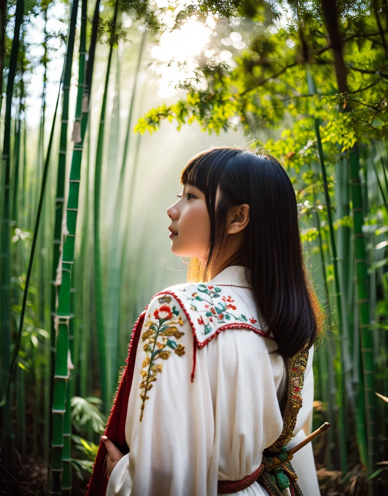 girl[Thai]A beautiful woman stands amidst a dense forest of mist. She wears an elaborate robe with nature-inspired embroidery and holds a[Bamboo walking stick] Her long dark hair, adorned with an intricate hair clip, flowed down her back. Soft light filtered through the trees, creating a quiet and beautiful atmosphere.