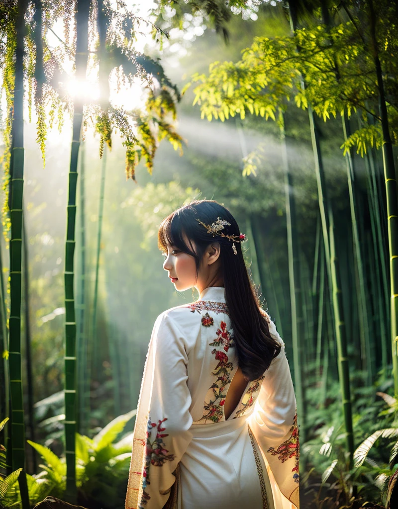 girl[Thai]A beautiful woman stands amidst a dense forest of mist. She wears an elaborate robe with nature-inspired embroidery and holds a[Bamboo walking stick] Her long dark hair, adorned with an intricate hair clip, flowed down her back. Soft light filtered through the trees, creating a quiet and beautiful atmosphere.