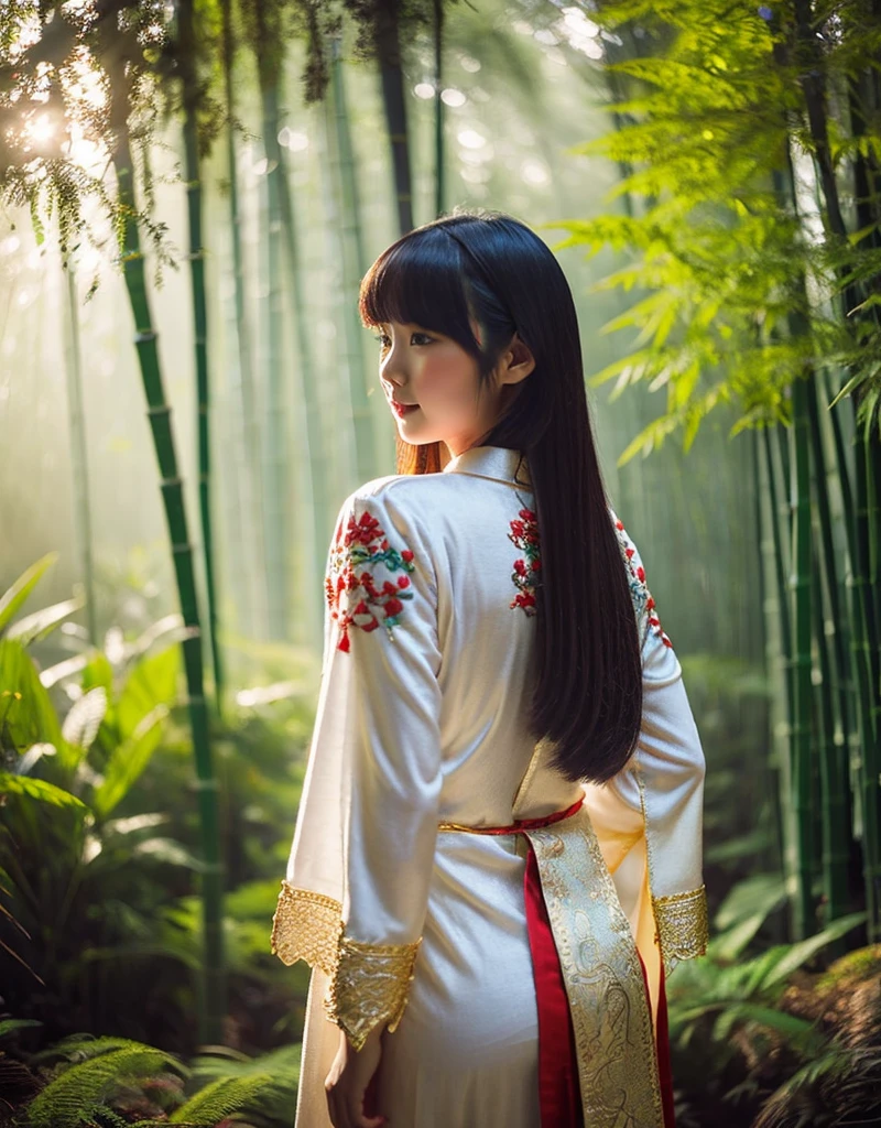 girl[Thai]A beautiful woman stands amidst a dense forest of mist. She wears an elaborate robe with nature-inspired embroidery and holds a[Bamboo walking stick] Her long dark hair, adorned with an intricate hair clip, flowed down her back. Soft light filtered through the trees, creating a quiet and beautiful atmosphere.