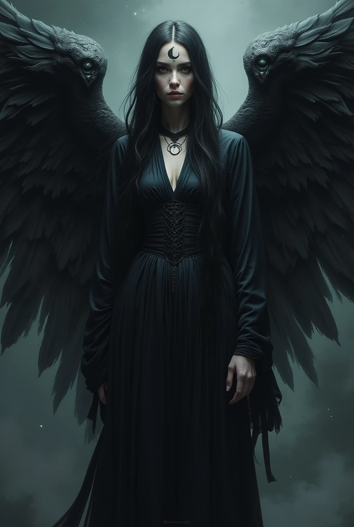 Portrait of Ancient deity with black wings, dark hair and black dress with Moon drawing on forehead