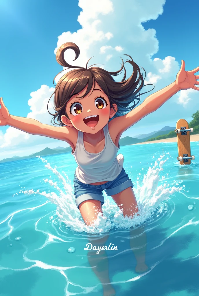 Girl playing in the sea happy with skateboard in the background the text Dayerlin with the first letter capitalized