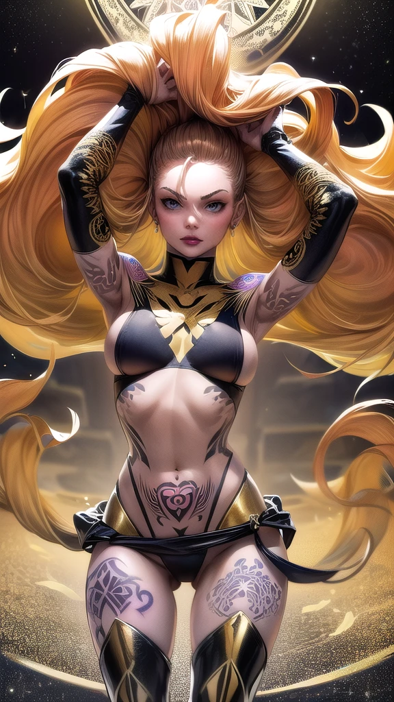 1girl, solo, Jean Grey of X-men, high leg cut out unitard of black and gold, boob window in unitard, ((thighs showing)), ((calf-high boots)), (color mandala tattoos on thighs:1.37), wings on hips, floating in space, arms out in power pose, contrapposto stance, dramatically colorful cosmic background, moody lighting, 16k, best quality, masterpiece, (wide angle:1.27), full length portrait
