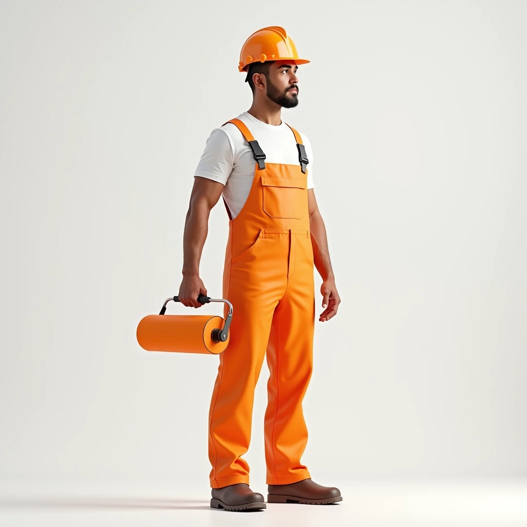 A man in a white T-shirt and orange construction overalls, holds in his hand an orange construction roller on a long handle, Studio Photography, studio lighting, realistic skin texture and detail, the man stands slightly sideways, background white uniform
