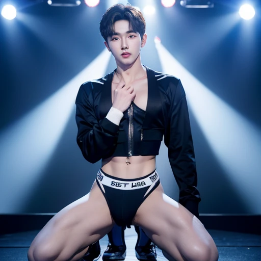 Korean handsome male idol,20 years old,Penis Exposure, Wearing a harness, Kneeling squat, exposed man, Pretty legs, Pretty Man, Adonis, thin arms, Exposed chest,Long sleeve crop top, selling oneself, During a stage performance 