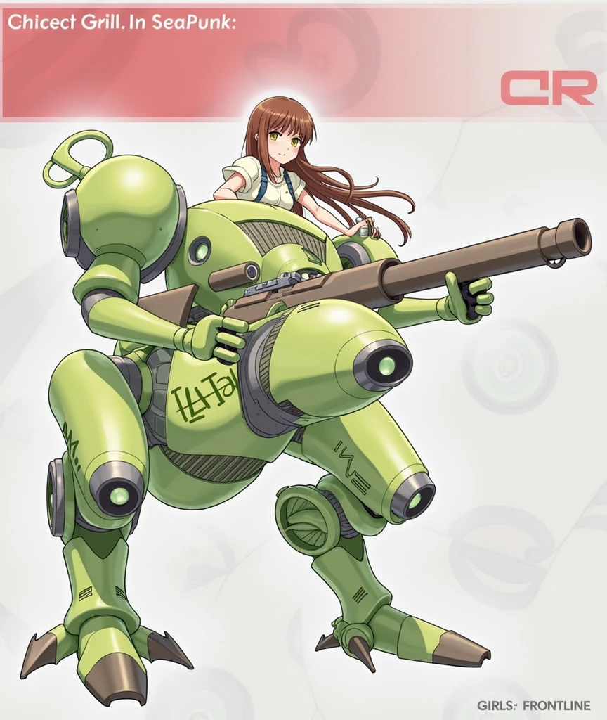 girl ridding a green robot with a gun, (hair swept bangs:1.3), (long brown hair:1.3), seapunk mecha, mecha, yellow eyes, weapon, gun, 1 humans, robot, mecha, anime style, from girls frontline, fine details. girls frontline, girls frontline universe, girls frontline style, girls frontline, girls frontline cg, soft anime illustration, 2 0 2 2 anime style, 2022 anime style, pixiv contest winner, pretty anime character design, render of april