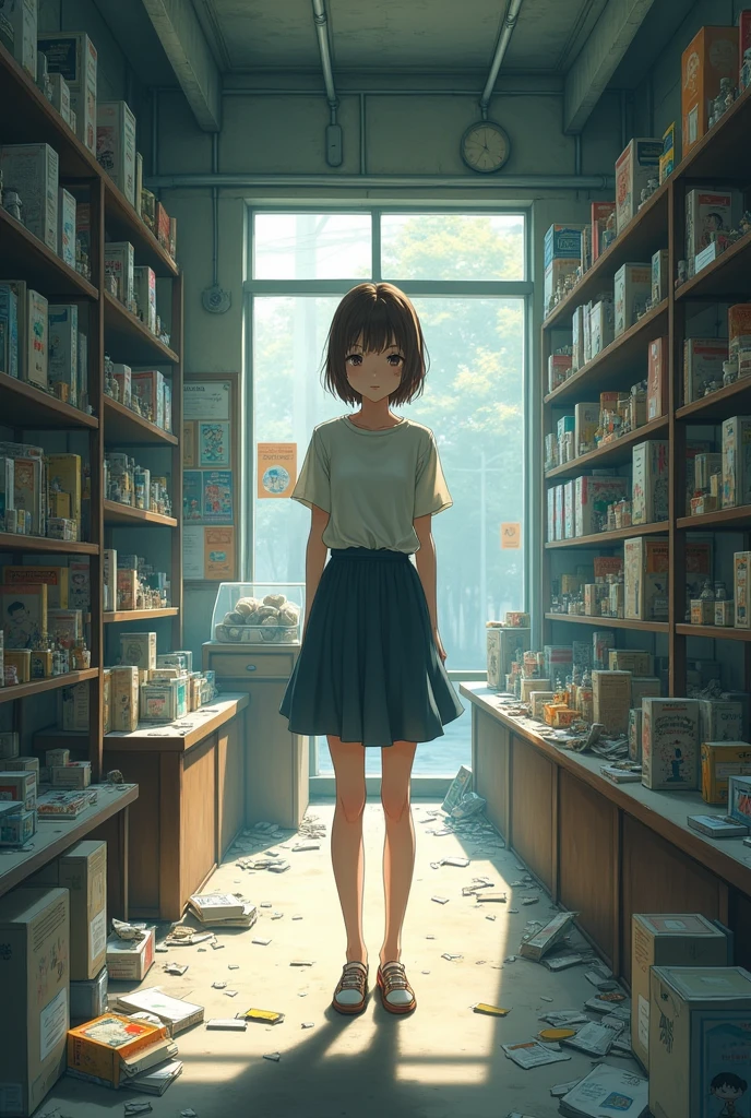 1 woman of 1.68cm with short brown hair in an abandoned anime style shop
