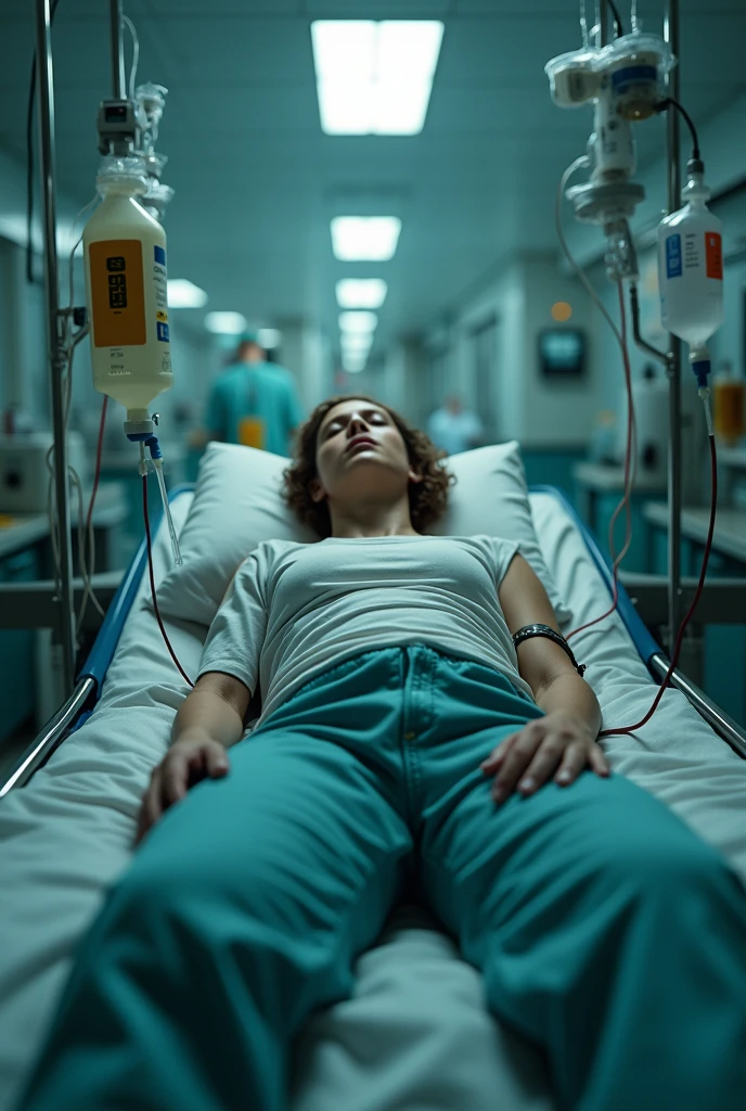 An image of a person connected to IVs on a stretcher, that the image is taken in first person