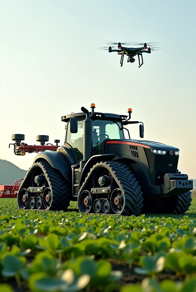 Create a tractor that contains Advanced Technology and mark the parts Cameras and Sensors: Mounted on different parts of the tractor to monitor soil and crop health. The cameras are located on the front and back, while sensors are integrated into the soil and implements.
drone: Flying over the field, Capturing aerial images and additional data.
digital interface: Tractor cab display showing maps, statistics and real-time data.
Specialized Implements:
Sowing de Cobertura Vegetal: The tractor is equipped with implements for sowing cover crops., which include a specialized planting system.
Irrigation Automation: The tractor is connected to an automated irrigation system, visible in the image with pipes and valves.
Hitch System:
Rear Hitch: Allows you to connect implements such as seeders and plows. In the image, is visible at the rear of the tractor.
Implementos de Sowing:
Seeder: Attached to tractor with sowing discs, Seeding pipes and compaction rollers visible at the rear.
Preparing the Land: The tractor is using a plow or cultivator to prepare the soil.
Sowing: The seeder attached to the tractor is sowing the seeds, showing seeding discs and pipes.
Monitoring and Adjustments: Sensors and cameras provide data to the operator, who adjusts the sowing parameters from the control panel.