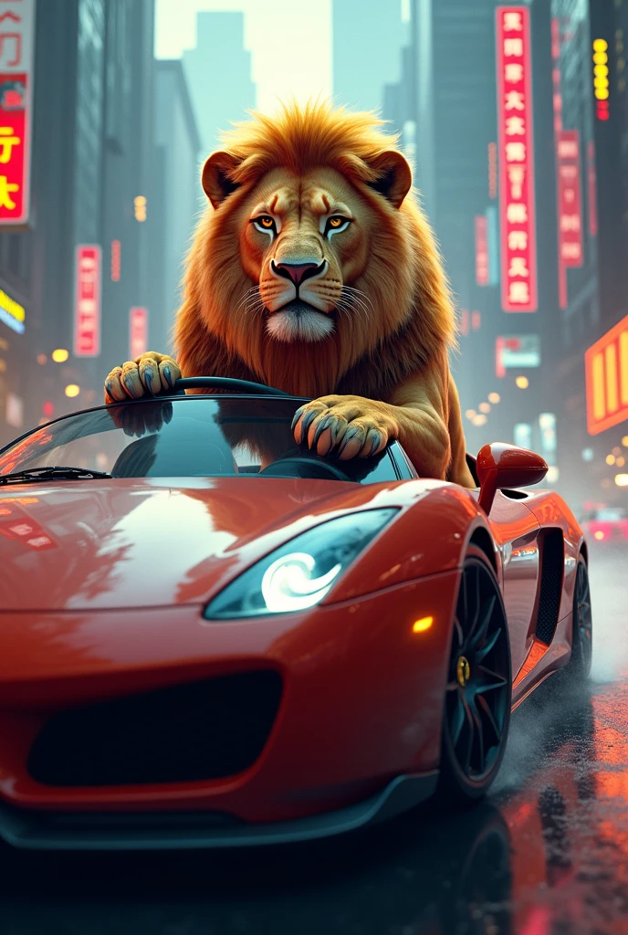 Lion driving cars