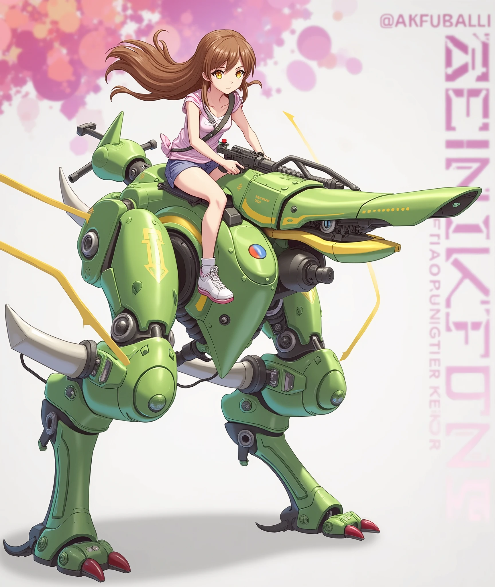girl ridding a green robot with a gun, (hair swept bangs:1.3), (long brown hair:1.3), seapunk mecha, mecha, yellow eyes, weapon, gun, 1 humans, robot, mecha, anime style, from girls frontline, fine details. girls frontline, girls frontline universe, girls frontline style, girls frontline, girls frontline cg, soft anime illustration, 2 0 2 2 anime style, 2022 anime style, pixiv contest winner, pretty anime character design, render of april