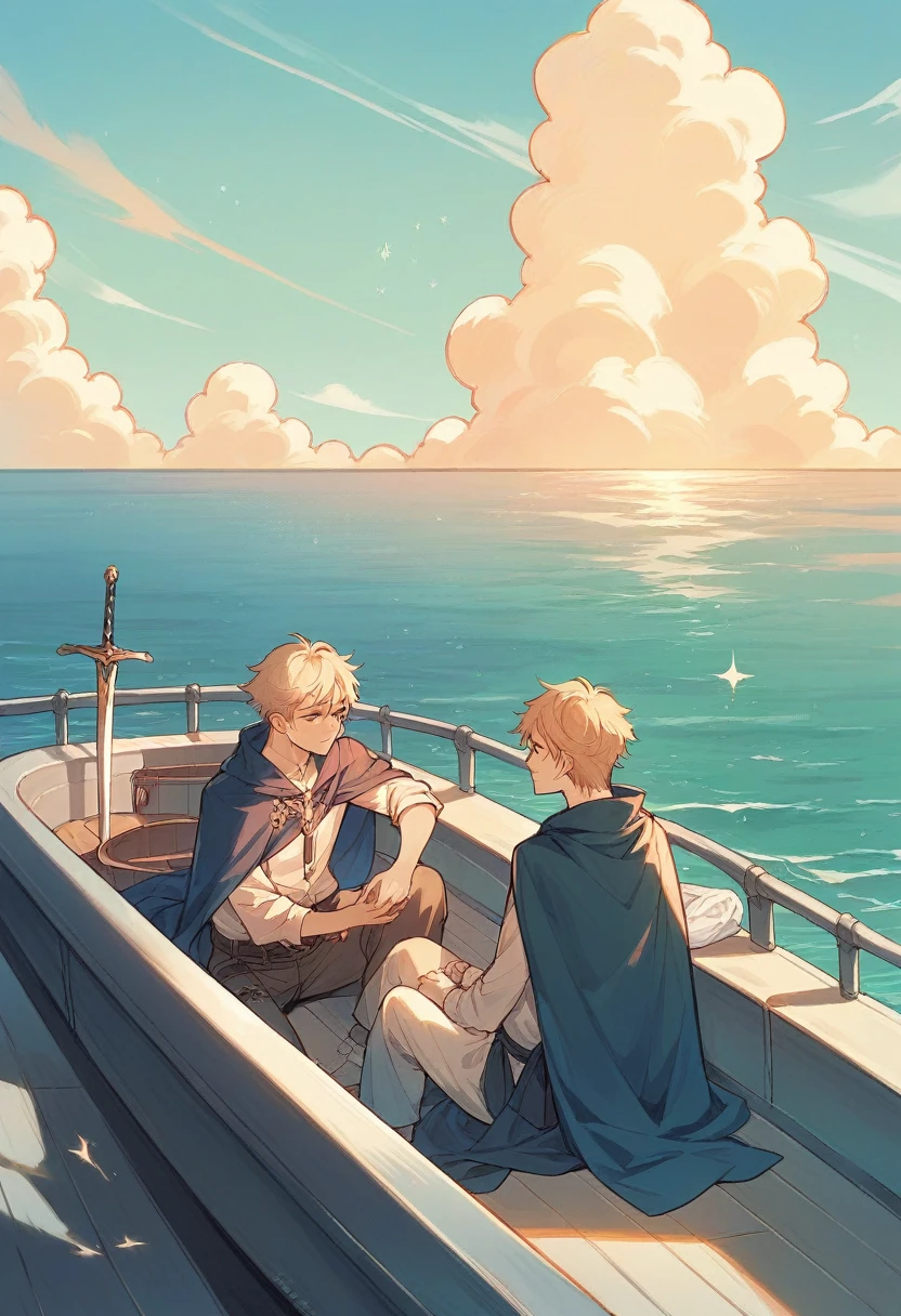 Boy sitting in boat, sword in hand, cape, loneliness, high resolution, sea of stars, vista, romance, smallness
