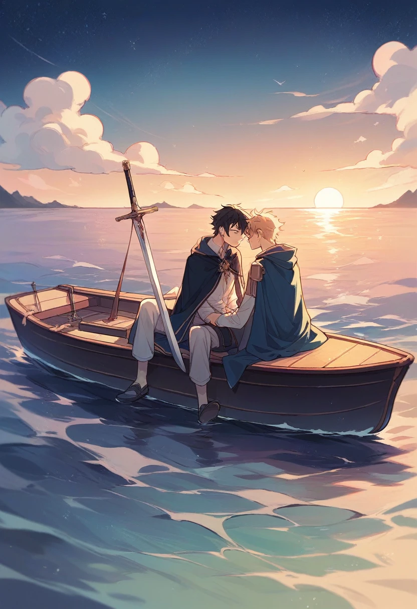 Boy sitting in boat, sword in hand, cape, loneliness, high resolution, sea of stars, vista, romance, smallness
