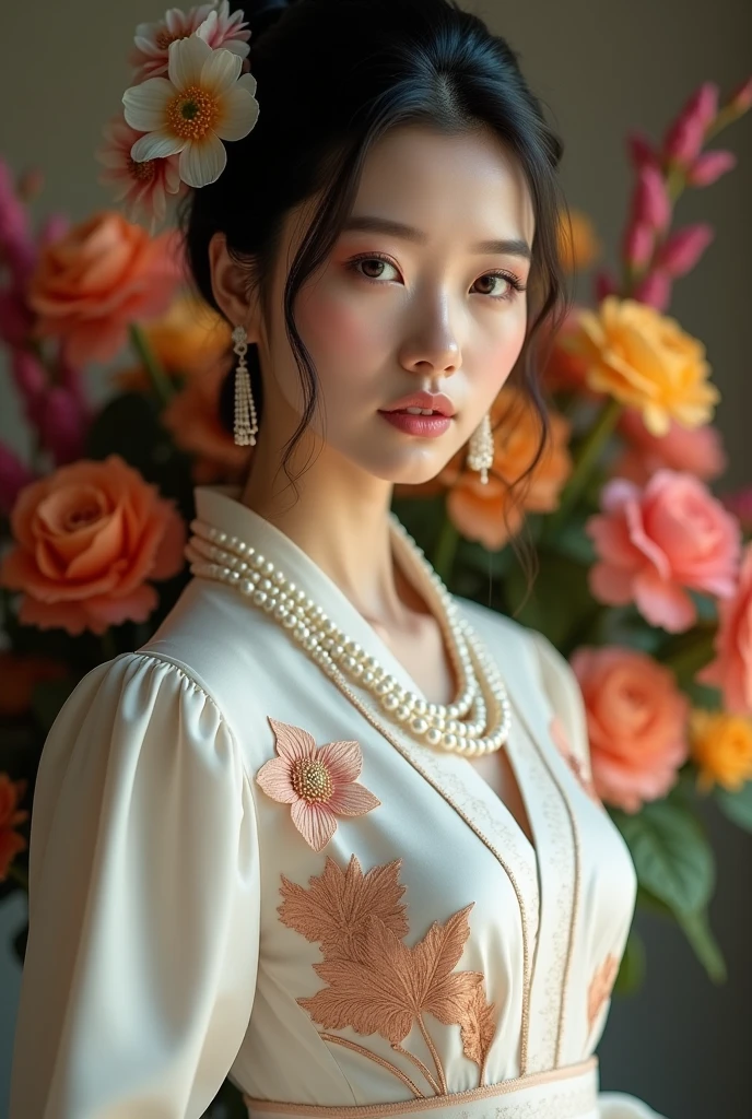 Thai-Korean woman wearing Thai dress from the reign of King Rama V,thai Traditional hair, with a floral pattern made of rosegold silk on a whitefabric,puffed sleeves,High neck and collar shirt , wearing multi-layered pearl necklaces, standing in an elegant pose with a vase of flowers, high-resolution wallpaper 32k