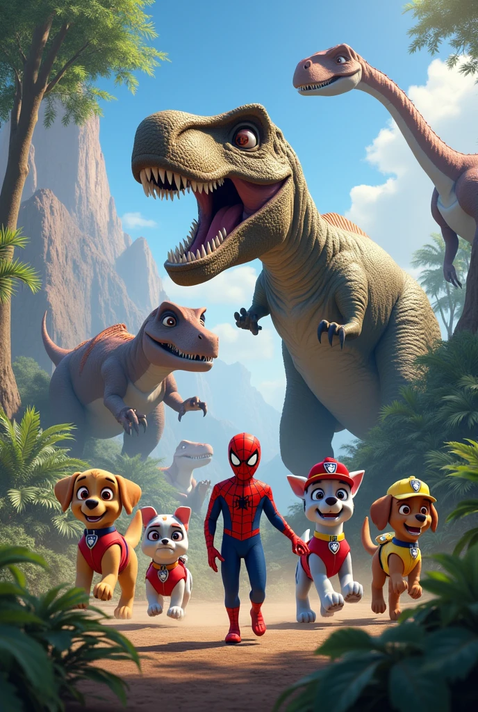 I want an image that contains the paw patrol,dinosaurs and spidrman together