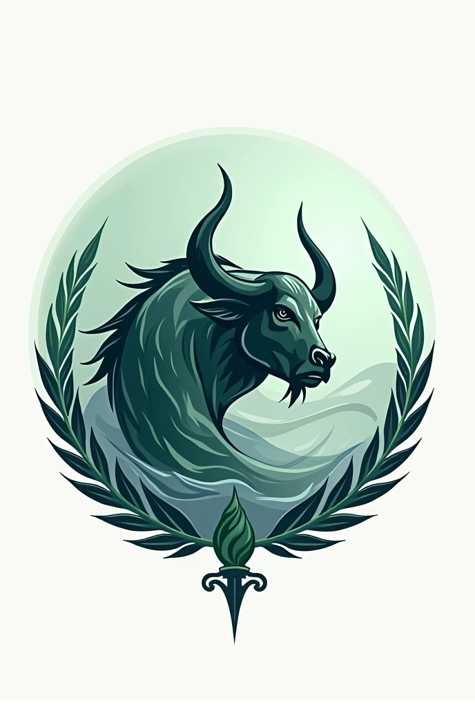 Design a logo featuring a unique combination of a fish and a water buffalo, adorned with a torch and laurel elements. Incorporate shades of green and blue to convey a sense of harmony and tranquility. Be creative and innovative in showcasing the fusion of these symbols to symbolize strength, power, and growth. make it color green and blue and remove background 