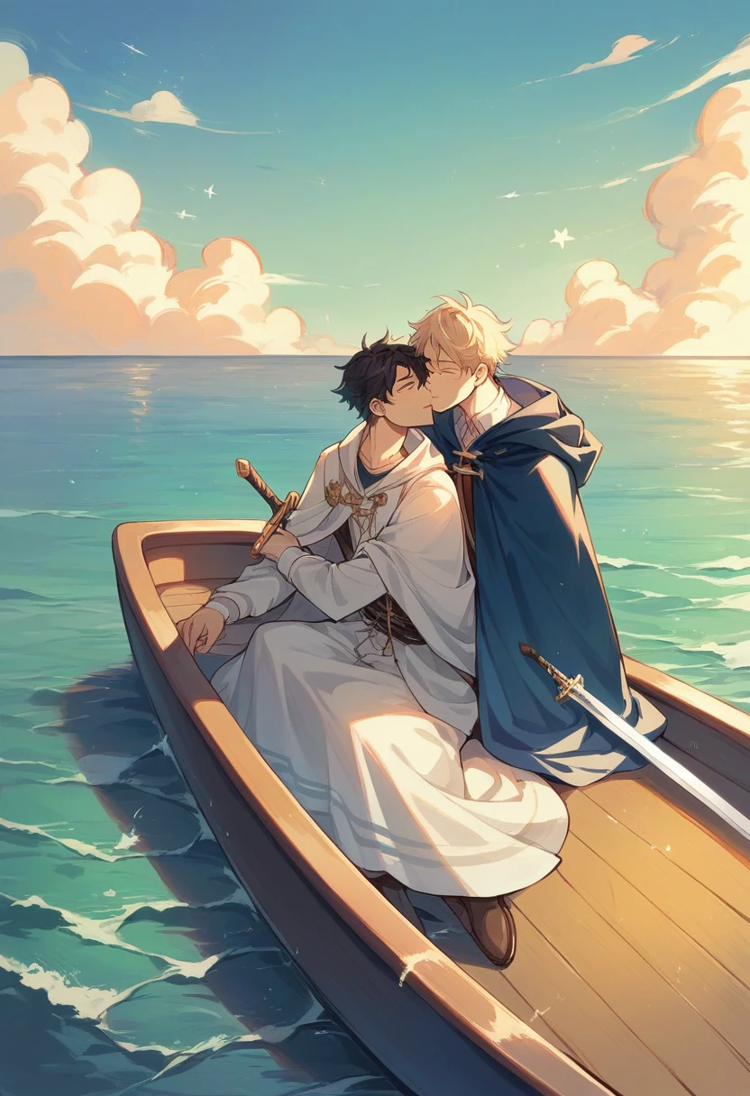 Boy sitting in boat, sword in hand, cape, loneliness, high resolution, sea of stars, vista, romance, smallness