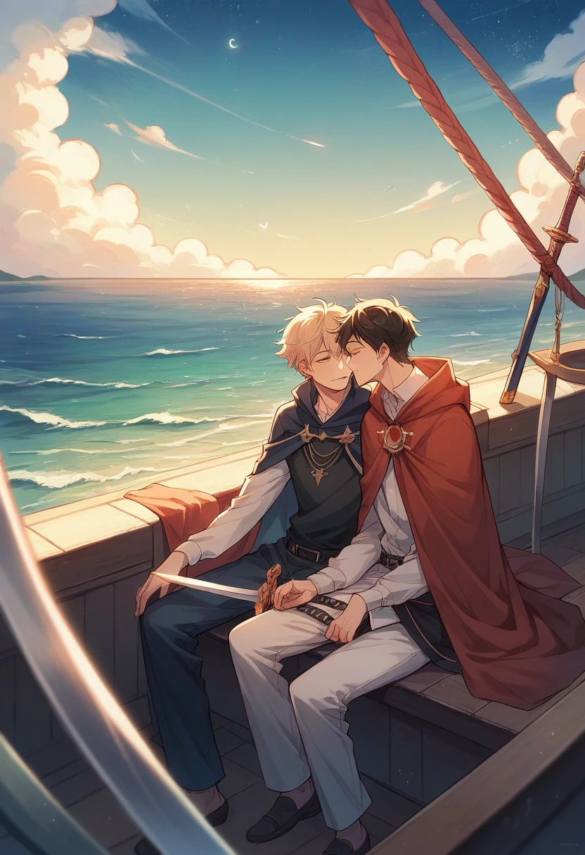 Boy sitting in boat, sword in hand, cape, loneliness, high resolution, sea of stars, vista, romance, smallness