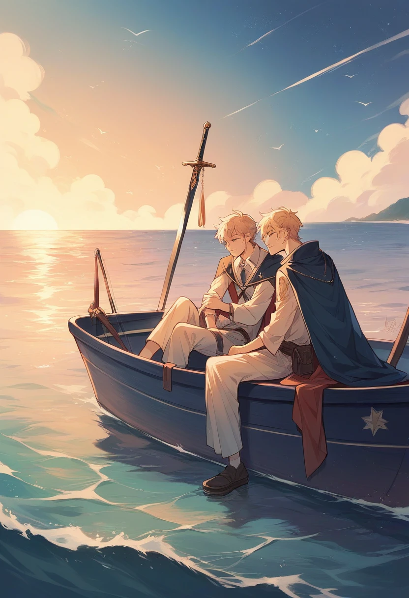 Boy sitting in boat, sword in hand, cape, loneliness, high resolution, sea of stars, vista, romance, smallness