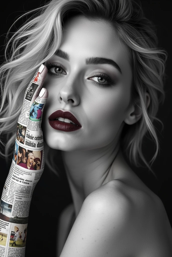 A striking conceptual portrait showcases a woman's, only the face in black and white, with the left side of her cheek touched by her hand. Her hand is covered with a collage of colorful Italian newspaper clippings, adding a vibrant contrast to the monochrome backdrop. Her expressive eyes, accentuated by long eyelashes and dark makeup, lock onto the viewer, while her burgundy lipstick adds a bold pop of color. Her flowing blonde hair frames her face in a messy, yet captivating manner. The juxtaposition of smooth, flawless skin against the textured newspaper clippings explores themes of duality, media influence, and the interplay between public image and personal identity, making this portrait a conceptual masterpiece in art and portrait photography.