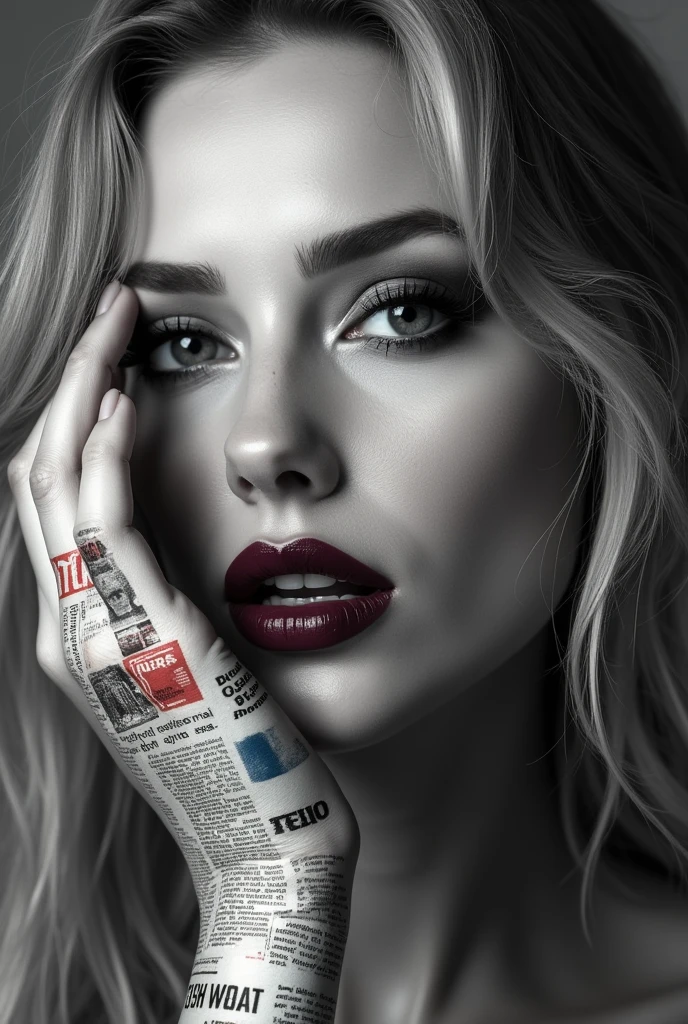 A striking conceptual portrait showcases a woman's, only the face in black and white, with the left side of her cheek touched by her hand. Her hand is covered with a collage of colorful Italian newspaper clippings, adding a vibrant contrast to the monochrome backdrop. Her expressive eyes, accentuated by long eyelashes and dark makeup, lock onto the viewer, while her burgundy lipstick adds a bold pop of color. Her flowing blonde hair frames her face in a messy, yet captivating manner. The juxtaposition of smooth, flawless skin against the textured newspaper clippings explores themes of duality, media influence, and the interplay between public image and personal identity, making this portrait a conceptual masterpiece in art and portrait photography.